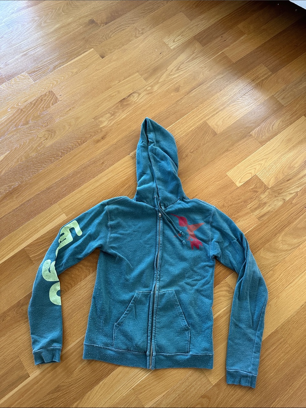 freecity Teal Full-Zip Hoodie with Red Chest Accent and Yellow Sleeve Print